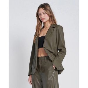 NWT 7 For All Mankind Faux Leather Tie Blazer in Deep Lichen Olive Green Smooth